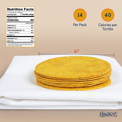 Alondras Low Carb corn tortilla turmeric with Chia Seeds|Gluten free, Low carb, Keto, Vegan